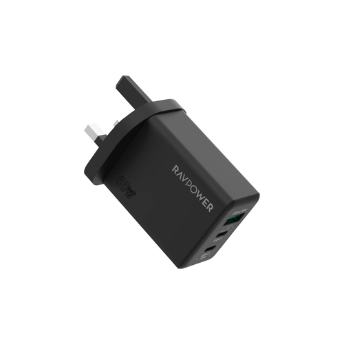 RAVPower 65W Wall Charger with Dual USB-C & USB-A Ports, GaN 5.0 – Black
