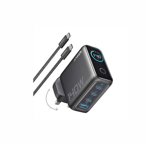 شاحن جداري أنكر 140 واط – 3 منافذ USB-C ومنفذ USB-A مع كابل USB-C إلى USB-C – أسود