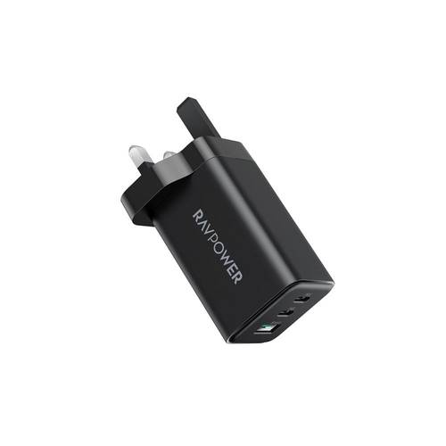 شاحن جداري RavPower 65 واط بثلاثة منافذ USB-C وUSB-A سريع الشحن – أسود