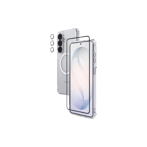 Samsung S26 3-in-1 protection bundle: clear MagSafe case (white), front clear screen protector, lens protection