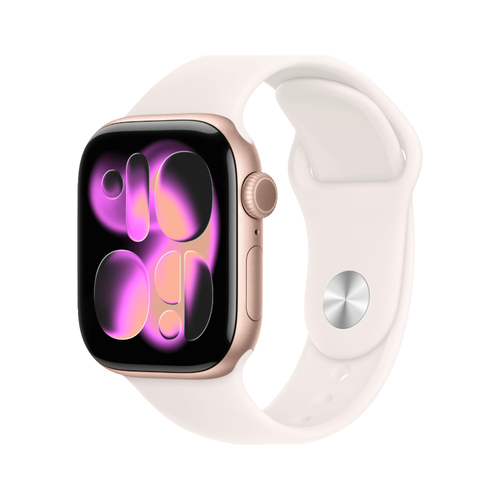 Apple Watch Series 11 GPS 42mm with a rose gold aluminum case and a peach-toned sport band, size S/M