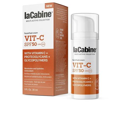كريم VIT-C للوجه بعامل حماية 50 من LA CABINE. كريم للوجه المضيء بفيتامين C وبروتيوجليكانات وجليكوبوليمرات وعامل واقي من الشمس SPF50 يضيء ويرطب ويحمي البشرة في حركة واحدة.