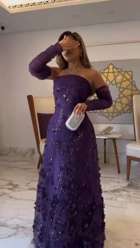 فستان موف تل انيق مطرز بورد وخرز
