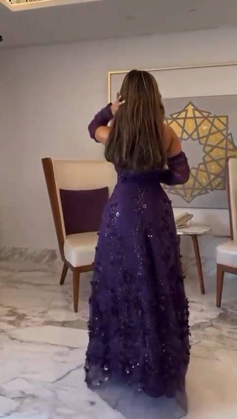 فستان موف تل انيق مطرز بورد وخرز