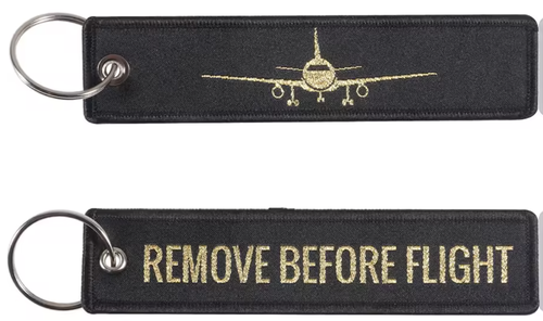 REMOVE BEFORE FLIGHT Keychain Keyring with Plane Drawing - Sparkling Gold
