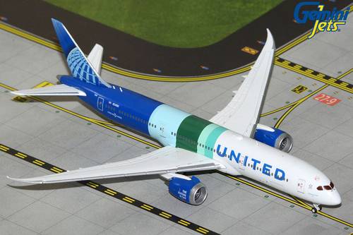 مجسم طائرة يونايتد B787-9 صبغة SAF مقاس 1:400 حديد من GeminiJets تسجيل [N24988]