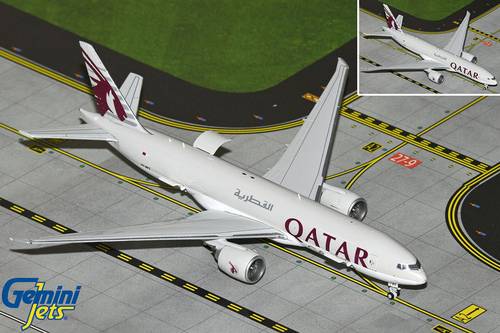 مجسم طائرة القطرية للشحن B777F مقاس 1:400 حديد من GeminiJets تسجيل [A7-BFT] (مجسم تفاعلي)
