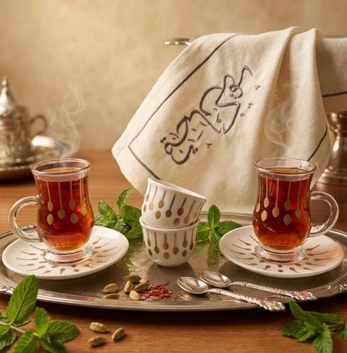 طقم شاي قهوة زجاج نقش ذهبي 18 قطعة