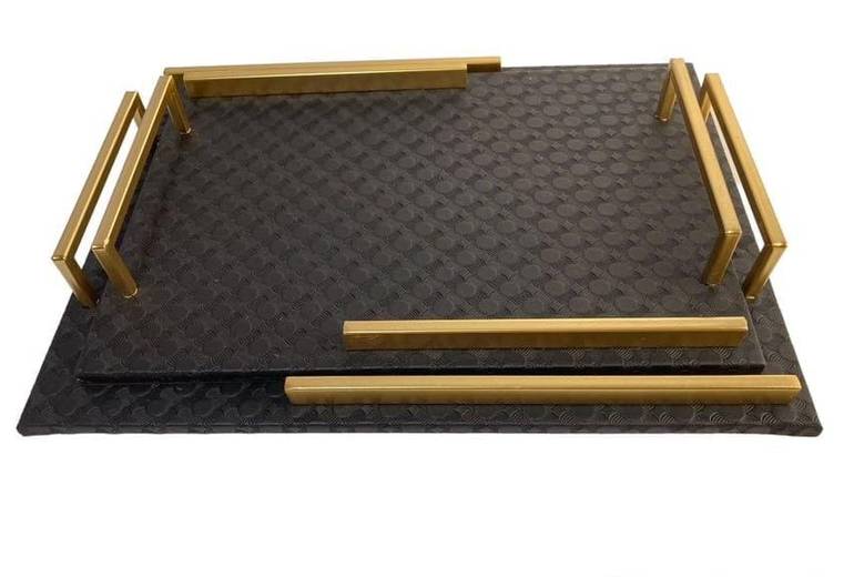 تبسي مستطيل جلد اسود 2ق ذهبي 6*30*5/40*25*35 سم