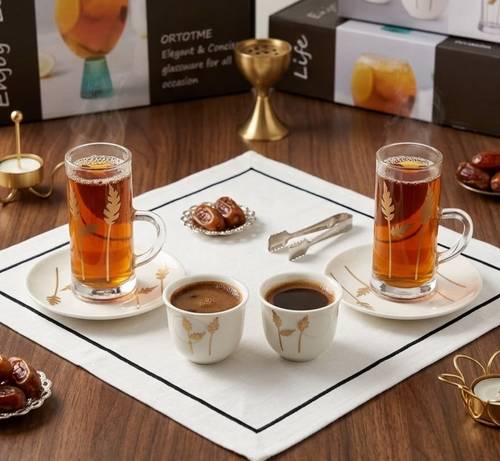 طقم شاي قهوة زجاج ورق ذهبي 18 حبة