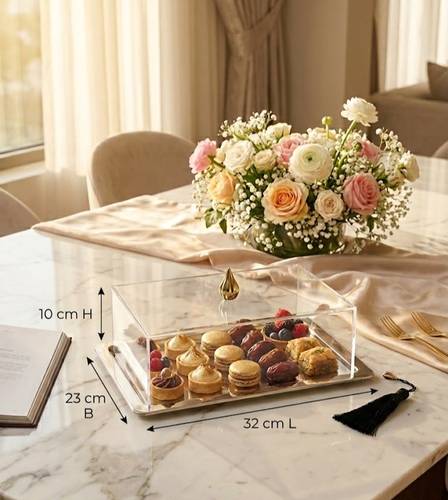 صحن تقديم فضي ذهبي بغطاء اكريليك 10*23*32 سم
