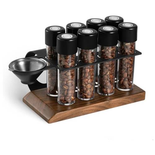 COFFEE BEANS 8 GLASS TUBE WOOD BASE