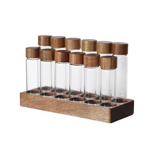 COFFEE BEANS 12 GLASS TUBE WOOD BASE