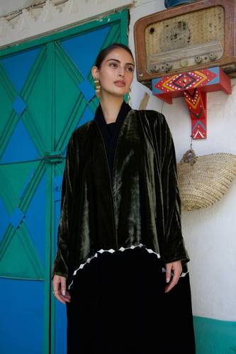 Geometric Embroidery in Olive Green/Black Velvet