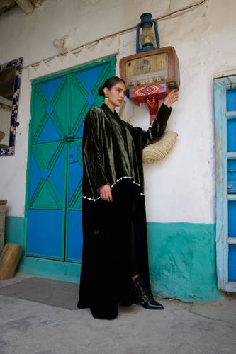 Geometric Embroidery in Olive Green/Black Velvet