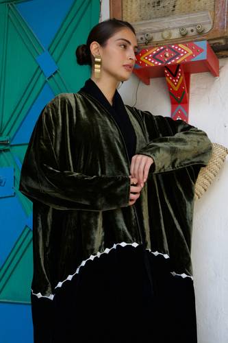 Geometric Embroidery in Olive Green/Black Velvet