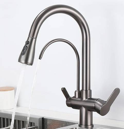 خلاط مطبخ سحاب 3 خط من FAUCET باللون  رمادي  مع بزبوز تحلية 