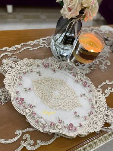  مفرش غطاء صينية - تطريز فضي - بتصميم دانتيل فاخر - مفرش صواني تقديم