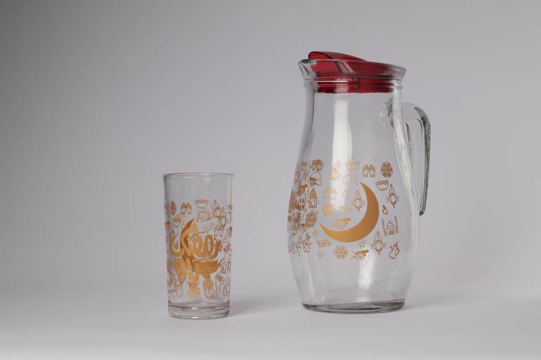 طقم جك زجاج رمضاني + 6 كاسات زجاج رمضانية