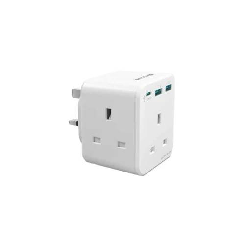شاحن جداري راف باور بايونير 3 مداخل طاقه ثلاثيه مع منفذين USB ومنفذ تايب سي بتقنية PD بقوة 20 واط ميني - ابيض