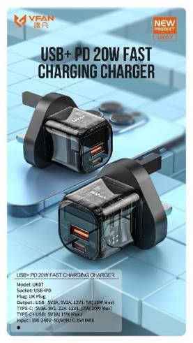 شاحن  USB+ PD 20W سريع الشحن.