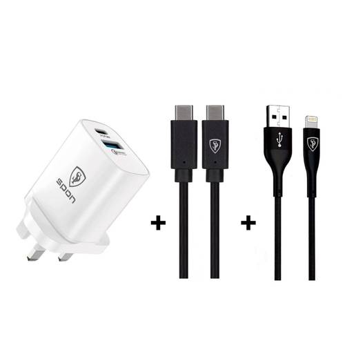عرض Spon (شاحن جدارى 20 واط منفذين + كابل تايب سى الى تايب سى) + كابل ايفون USB
