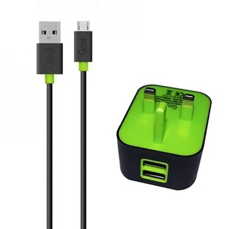 قوي شاحن جداري منفذين USB+كيبل مايكرو USB, اسود