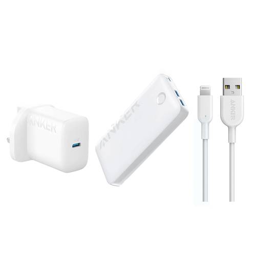 بكج انكر ( باوربنك 20 ألف , فيش جداري 20 واط PD , كابل ايفون USB لايتنيج )