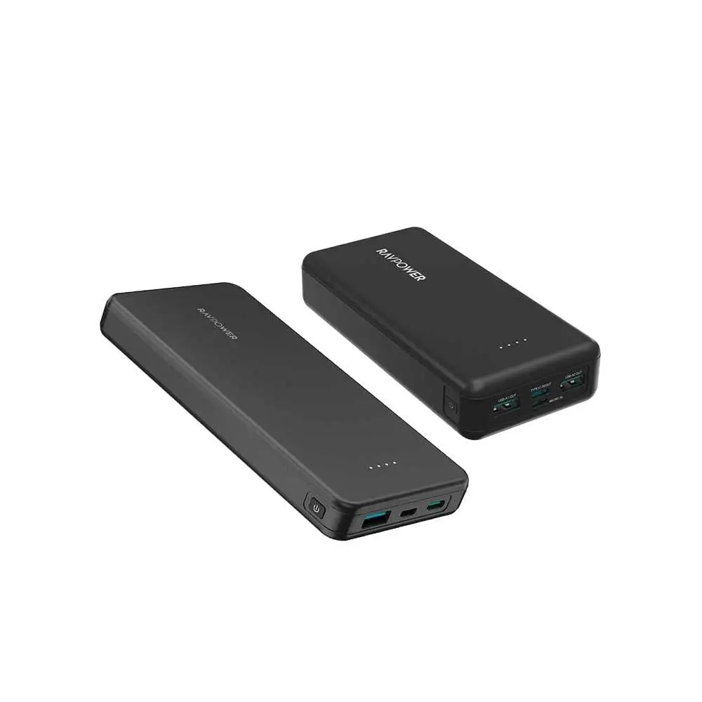 بكج راف باور بطارية 10000 ملي امبير بمنفذ تايب سي ومنفذ مايكرو ومنفذ USB بقوة 15 واط + بطارية بايونير 20000 ملي امبير بقوة 15 واط بمنفذين USB ومنفذ تايب سي ومنفذ مايكرو