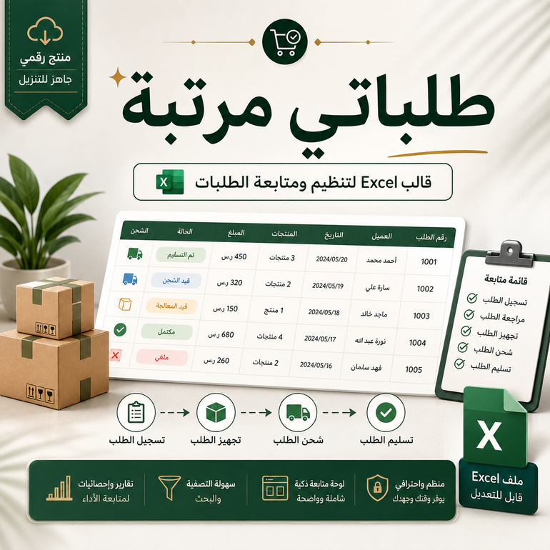 طلباتي مرتبة | ملف Excel لتنظيم ومتابعة الطلبات
