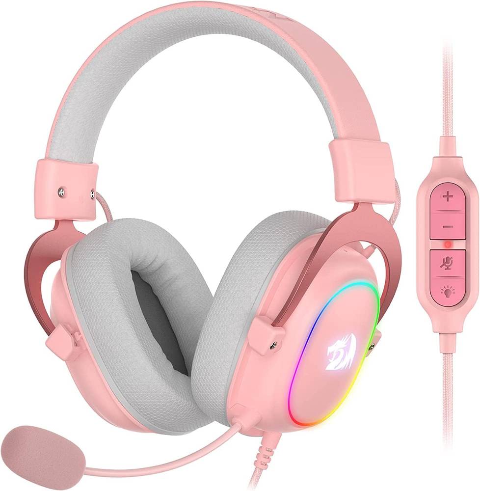 سماعة قيمنق Redragon H510-RGB Zeus-X RGB - صوت محيطي 7.1 - برامج تشغيل صوت 53 مم - وسادات أذن من إسفنج الذاكرة مع غطاء قماش متين - سماعة رأس متعددة المنصات - تعمل بمنفذ USB للكمبيوتر الشخصي/PS4/NS - وردي