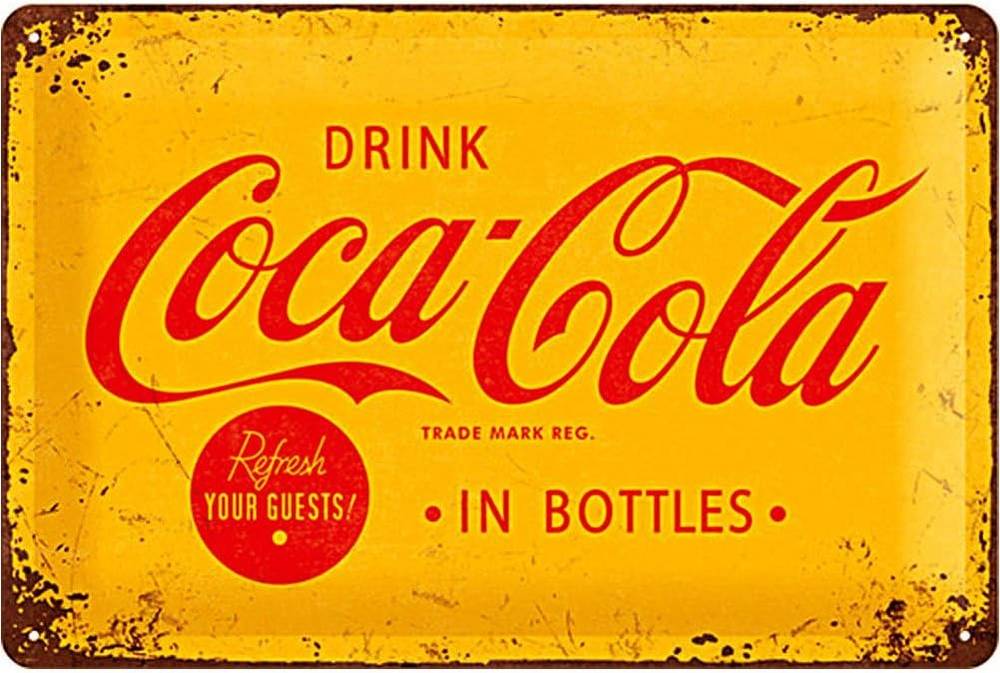 Nostalgic Art Retro Tin Sign Coca-Cola Logo Yellow Metal Plate 20 x 30 cm