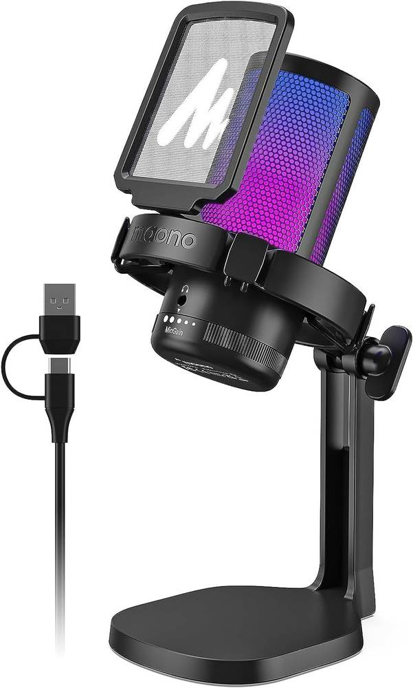 مايكروفون قيمنق MAONO USB مايكروفون عازل الضوضاء للكمبيوتر الشخصي مع أضواء RGB وتسجيل كتم الصوت والبودكاست GamerWave -أسود