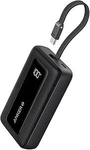 Anker Power Bank Charger, 20000mAh, 30W, Built-in USB Type-C Cable, Black