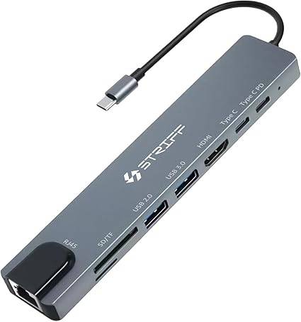 8-in-1 USB-C Hub with SD/TF Card Reader, Aluminum Type-C Adapter with 4K HDMI Port, USB 3.0, USB-C Power Delivery, RJ45, Compatible with MacBook Pro M1 M2, Windows, iPhone, Smartphones by Strive