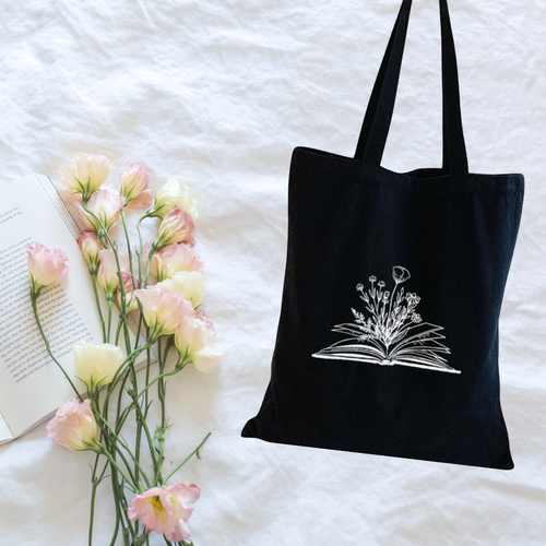 Book & Flowers Tote Bag in Black