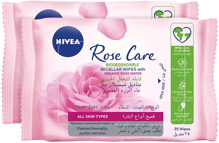  مناديل تنظيف الوجه  نيفيا روز كير، ماء الورد العضوي،  2 × 25 مناديل مبللة