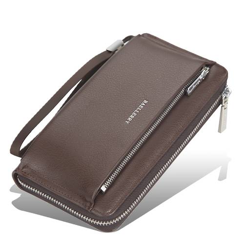 Men Long Classic Leather Wallet With Two Zippers - Brown