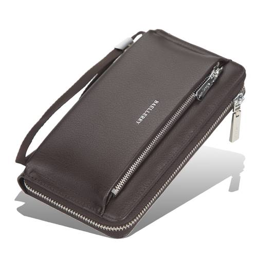 Men Long Classic Leather Wallet With Two Zippers - Coffee