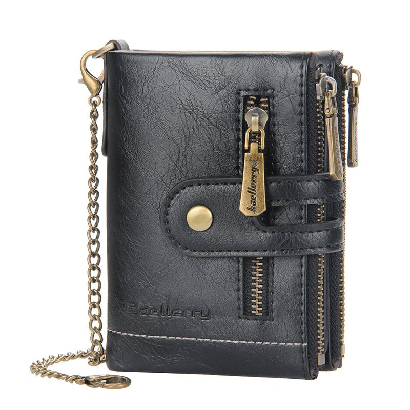 Men's Black Wallet with Zippers, Chain, and Snap Closure