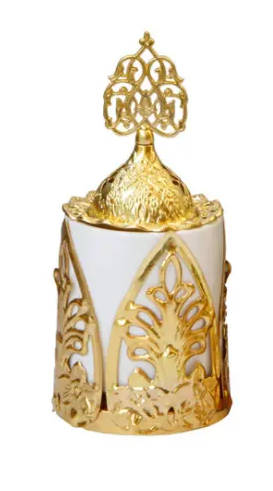 Middle Eastern Ceramic Incense Burner With Golden Metal Cover -White
