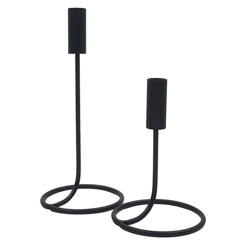 Metal Candle Holder With Opened Ring Base - Black - Set of Two