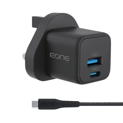 فيش جداري 20 واط منفذين USB+PD مع كابل تايب سي C من EONE أسود