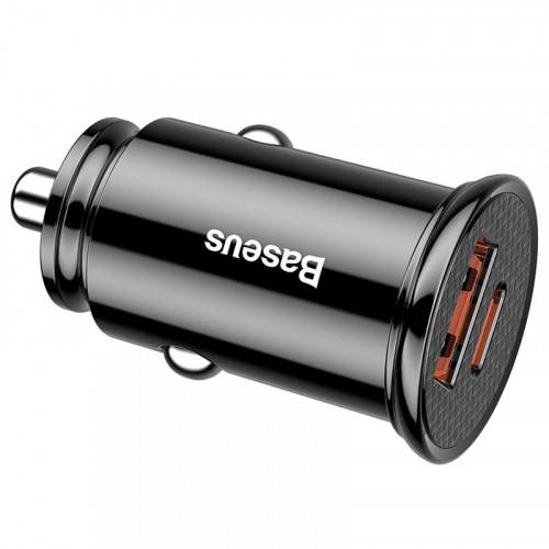 شاحن سيارة  للهاتف 30  واط من بيسوس  Baseus  مع منفذين Type C PD و USB QC - اللون أسود