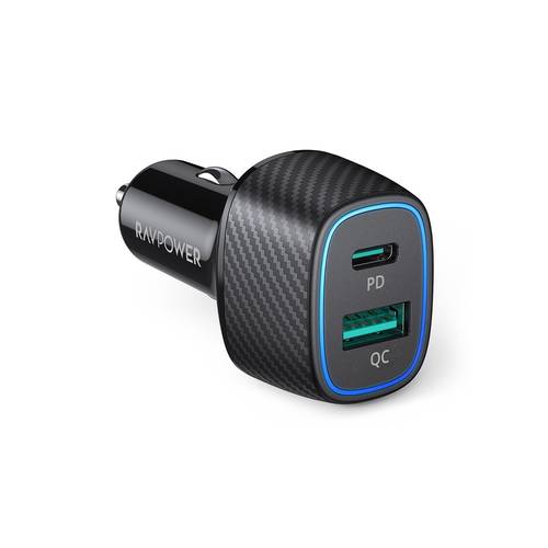 شاحن سيارة راف باور بتقنية بي دي بقوة 60 واط بمنفذ USB-C ومنفذ USB-A - اسود