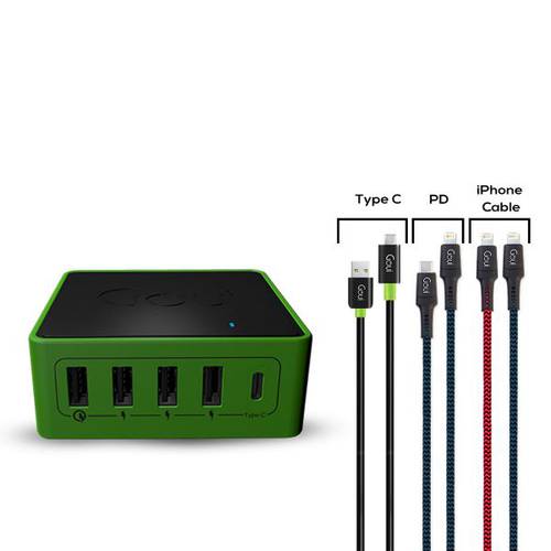 عروض قوي- كيمبا شاحن مكتبي 5 منافذ بقوة 36 واط + 2 كيبل للآيفون Lightning إلى USB الطول 1.5 متر + كيبل كلاسيك USB-C الطول 1.5 متر+ كيبل للآيفون Lightning إلى USB-C الطول 1.5 متر 
