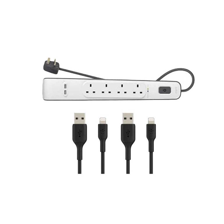 بيلكن بندل 2 كيبل لايتينق 1 متر اسود + توصيلة بيلكن 4 منافذ طاقه بمنفذين USB
