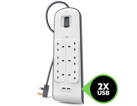 توصيلة كهربائية من بيلكن belkin  الطول 2 متر مع 6 منافذ و 2 منافذ USB