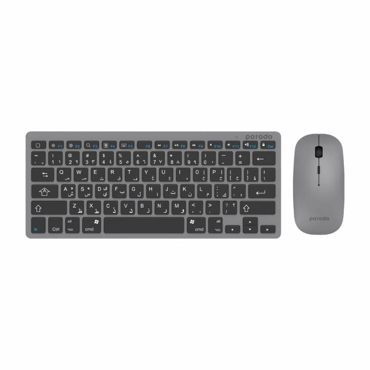 لوحة مفاتيح بلوتوث لاسلكية محمولة كيبورد keyboard  من برودو Porodo (إنجليزي / عربي) مع ماوس متوافقة مع العديد من الاجهزة الذكية-اللون رمادي