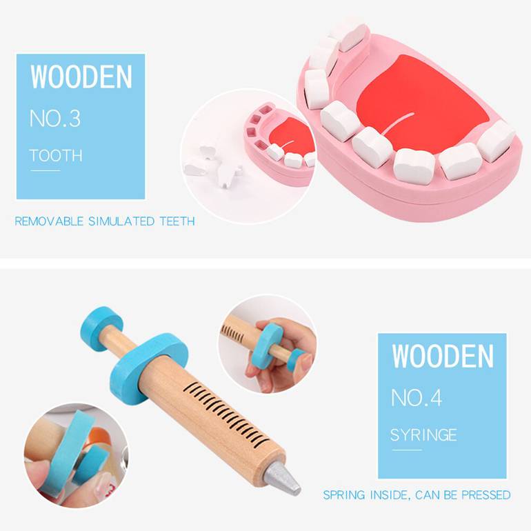 مجموعة حقيبة أدوات طبيب الأسنان الخشبية مع سماعة حقيقية (20 قطعة)